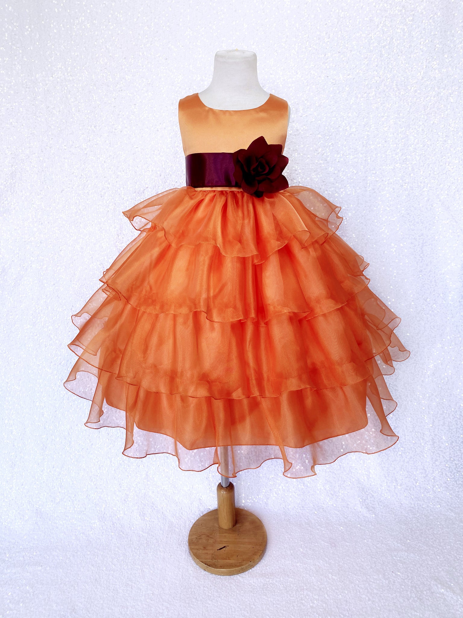 Orange Sleeveless Satin Organza Ruffle Dress