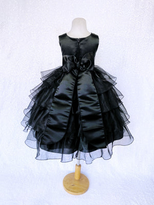 Black Sleeveless Satin Organza Ruffle Dress