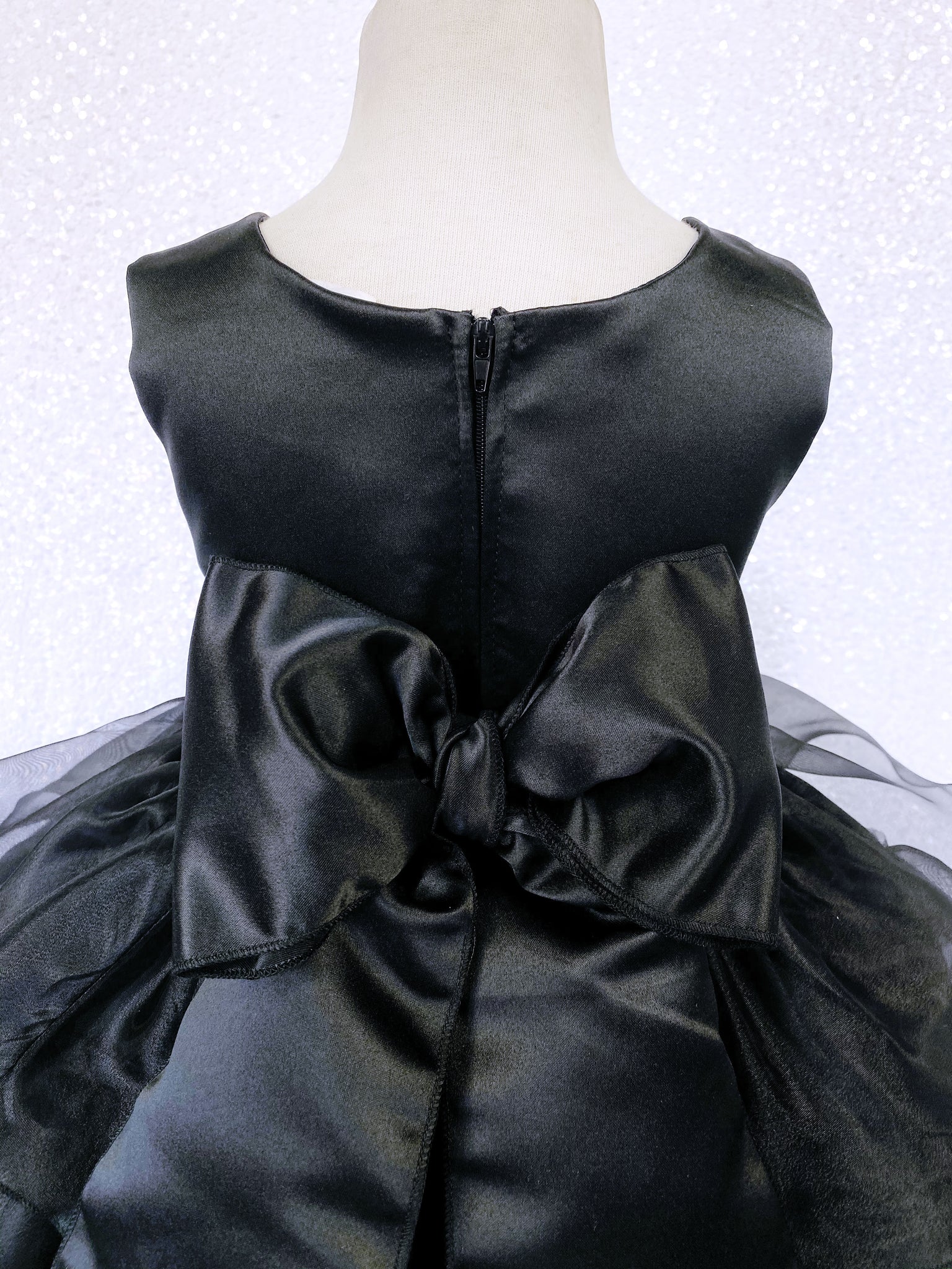 Black Sleeveless Satin Organza Ruffle Dress