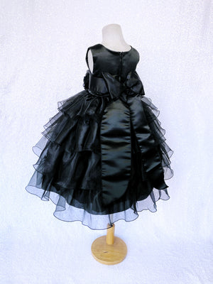 Black Sleeveless Satin Organza Ruffle Dress