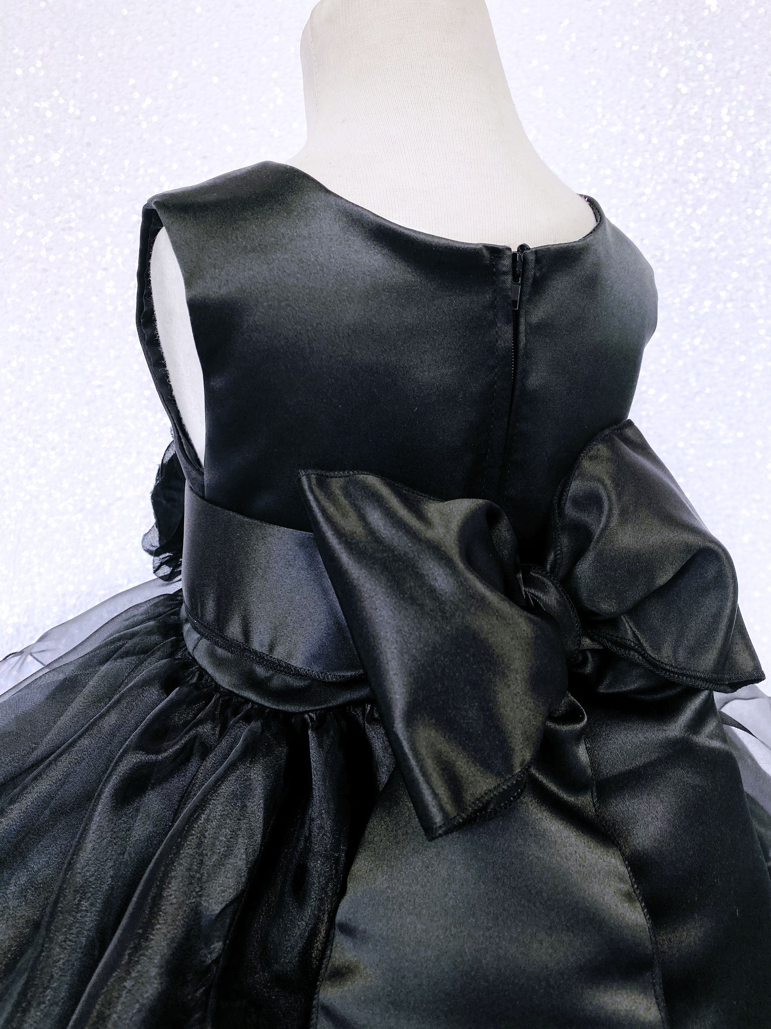 Black Sleeveless Satin Organza Ruffle Dress