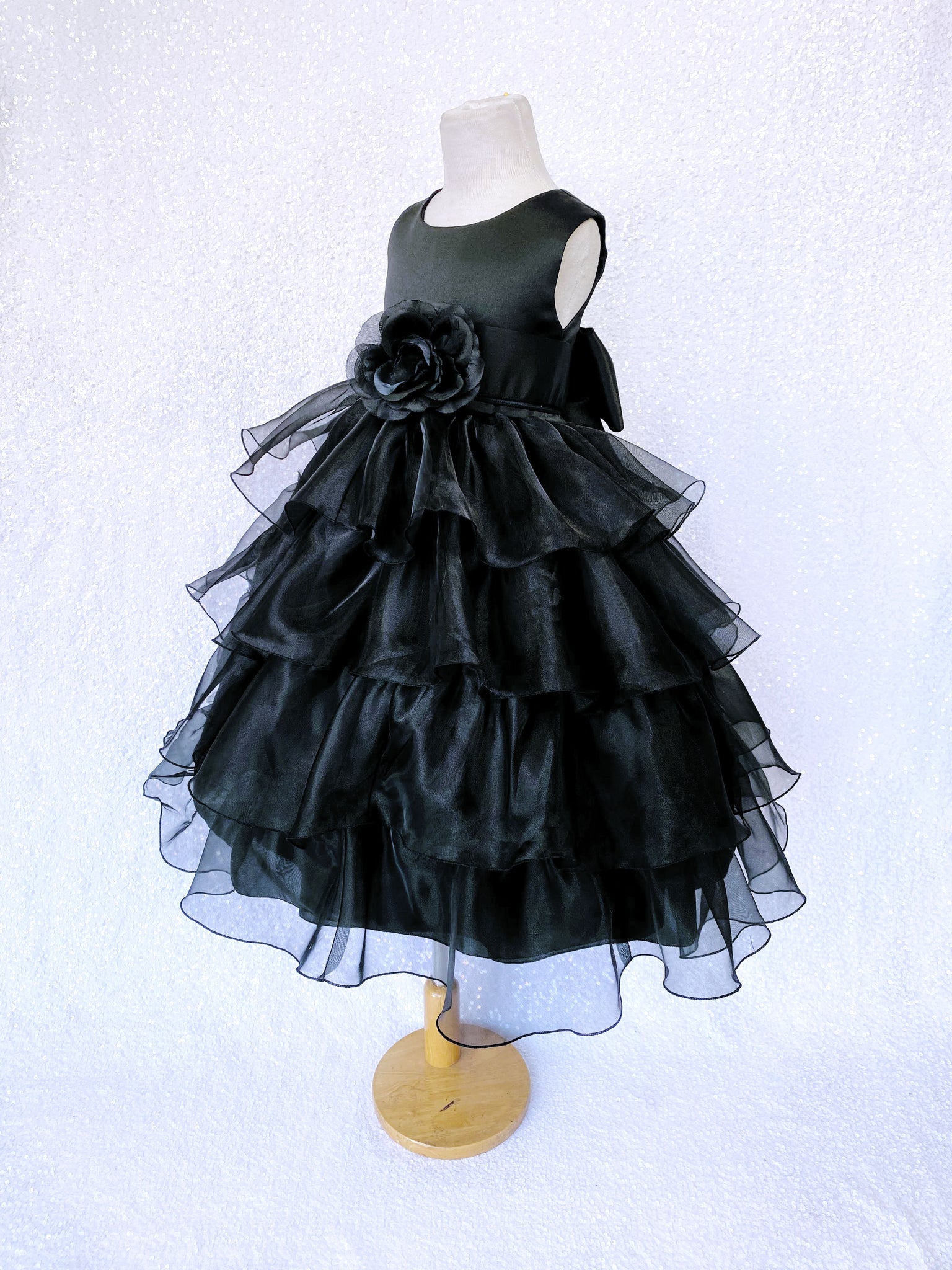 Black Sleeveless Satin Organza Ruffle Dress