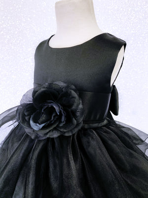 Black Sleeveless Satin Organza Ruffle Dress