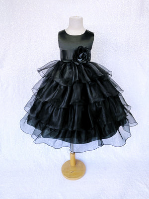 Black Sleeveless Satin Organza Ruffle Dress