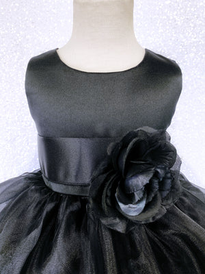 Black Sleeveless Satin Organza Ruffle Dress