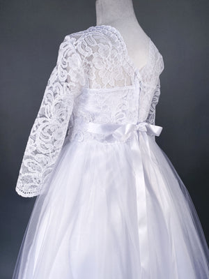 Long Sleeve Lace 2 Layer Tulle White Dress