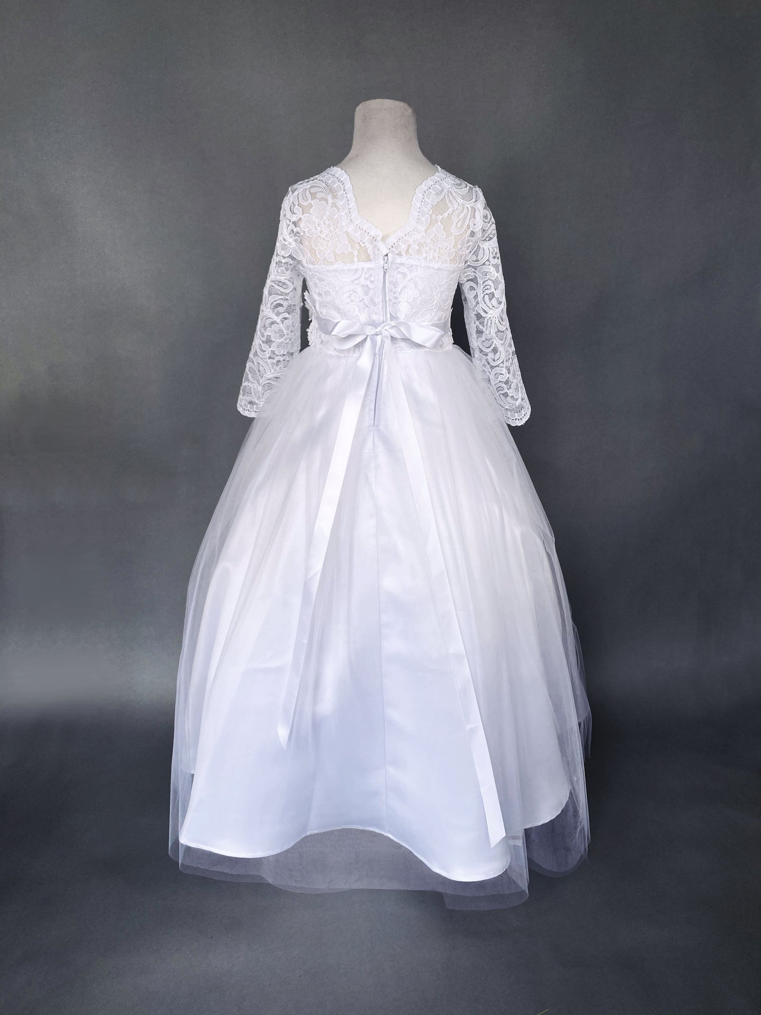 Long Sleeve Lace 2 Layer Tulle White Dress