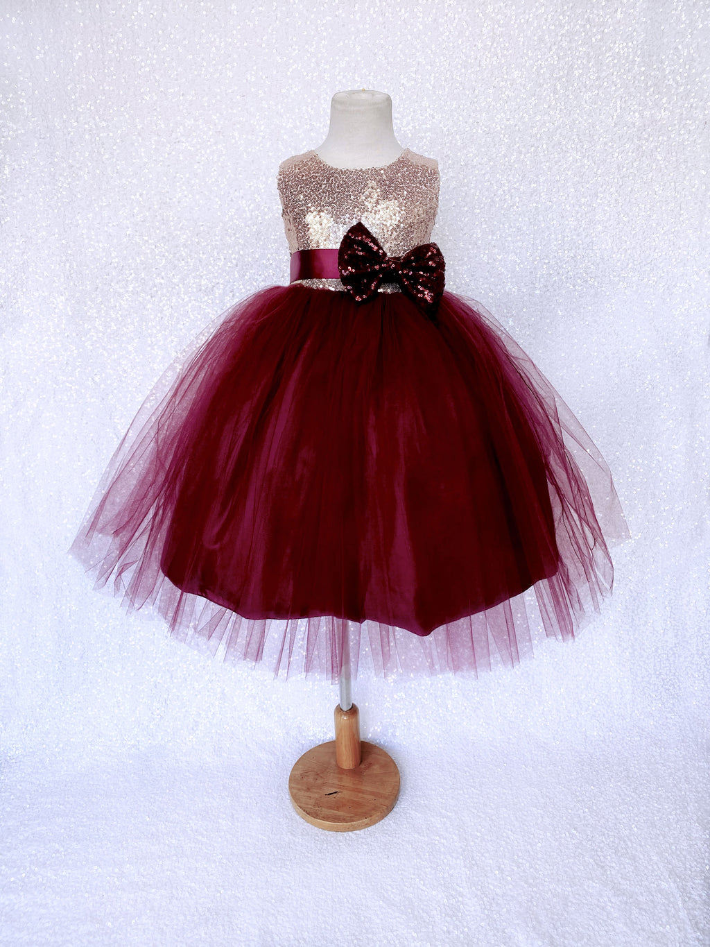 Blush Rose Gold Pink Mini Sequin Burgundy 2 Layer Tulle Gown