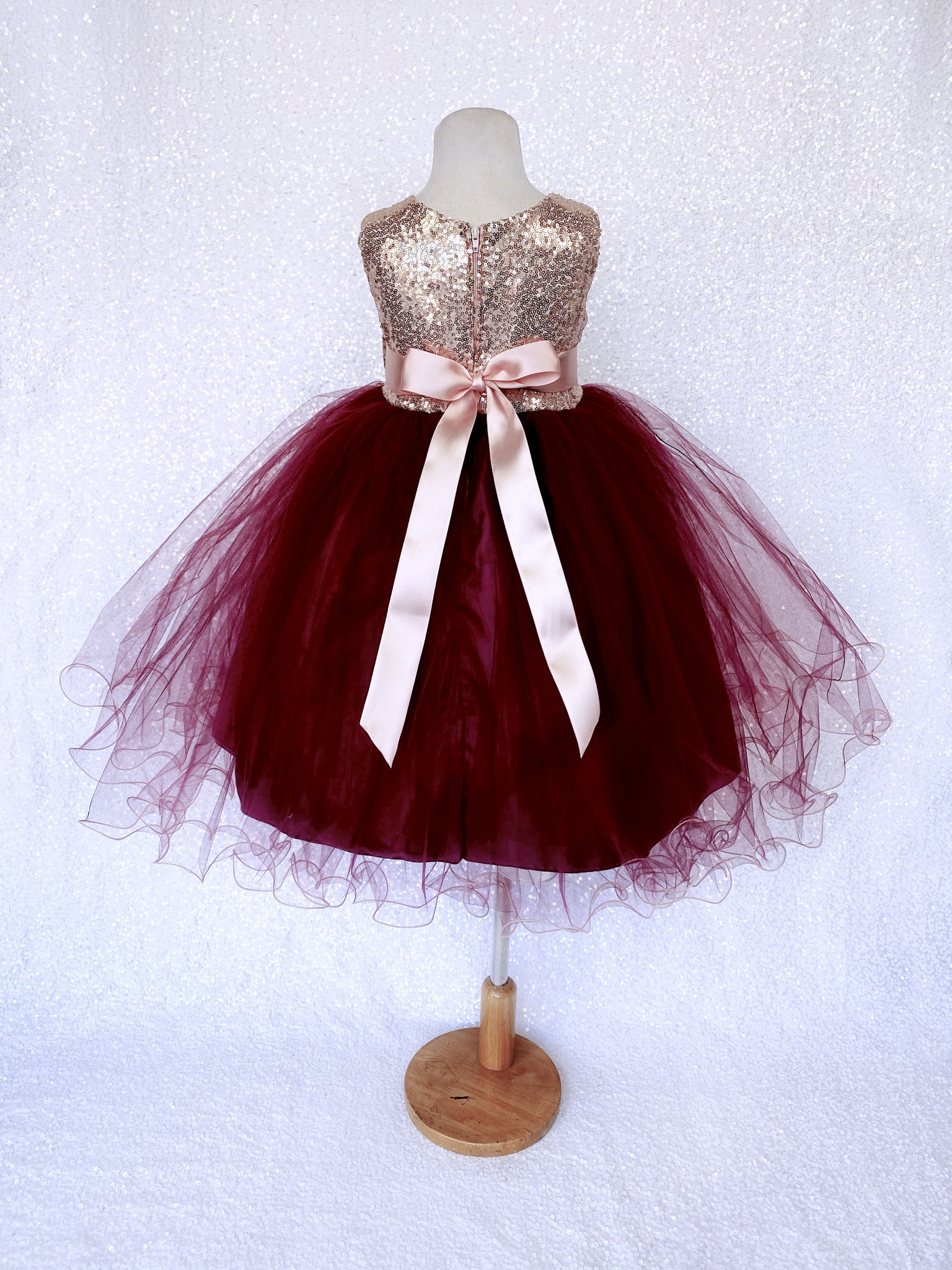 Burgundy Tulle 2 Layer Sleeveless Rose Gold Mini Sequin Bow Dress