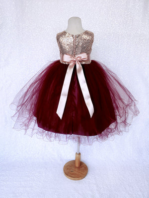 Blush Sleeveless Rose Gold Mini Sequence Burgundy Bow 2 Layer Tulle Dress