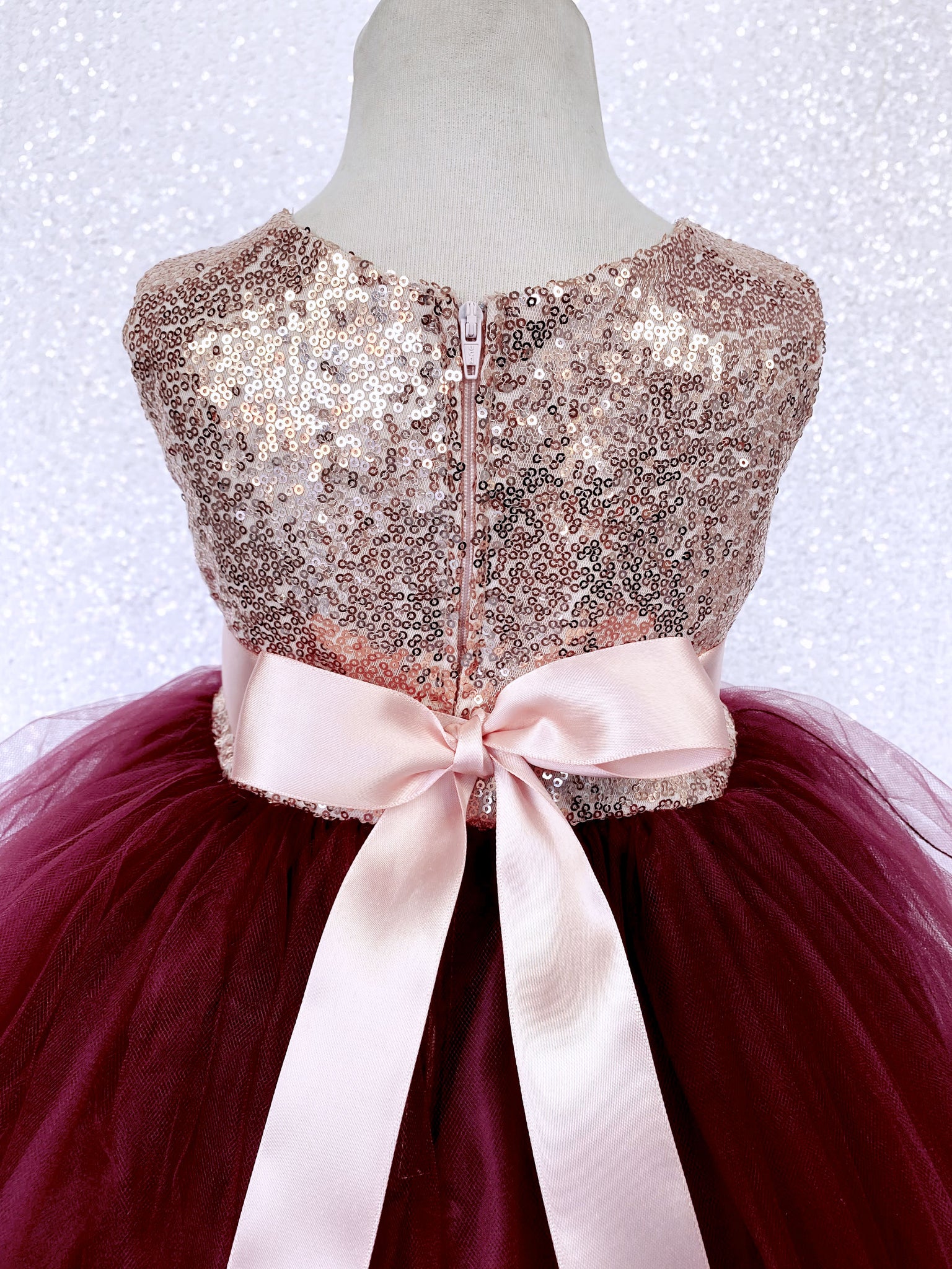 Burgundy Tulle 2 Layer Sleeveless Rose Gold Mini Sequin Bow Dress