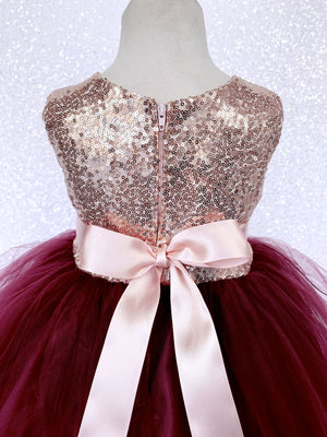 Blush Sleeveless Rose Gold Mini Sequence Burgundy Bow 2 Layer Tulle Dress