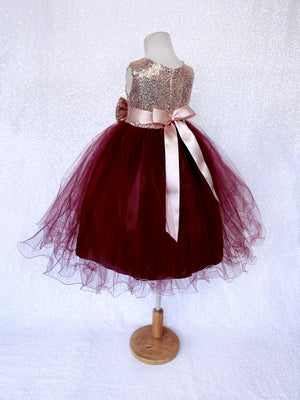 Blush Sleeveless Rose Gold Mini Sequence Burgundy Bow 2 Layer Tulle Dress