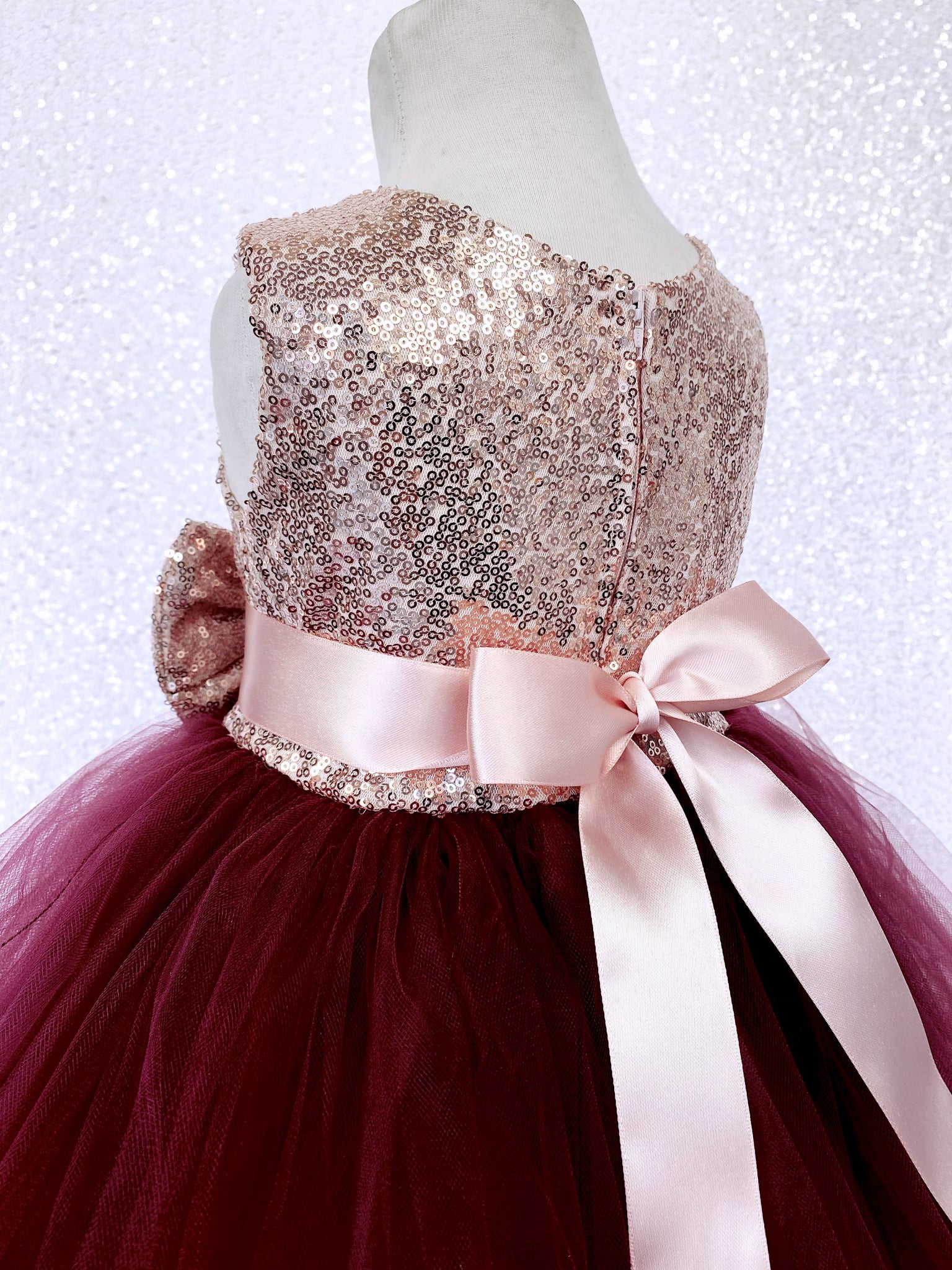 Burgundy Tulle 2 Layer Sleeveless Rose Gold Mini Sequin Bow Dress