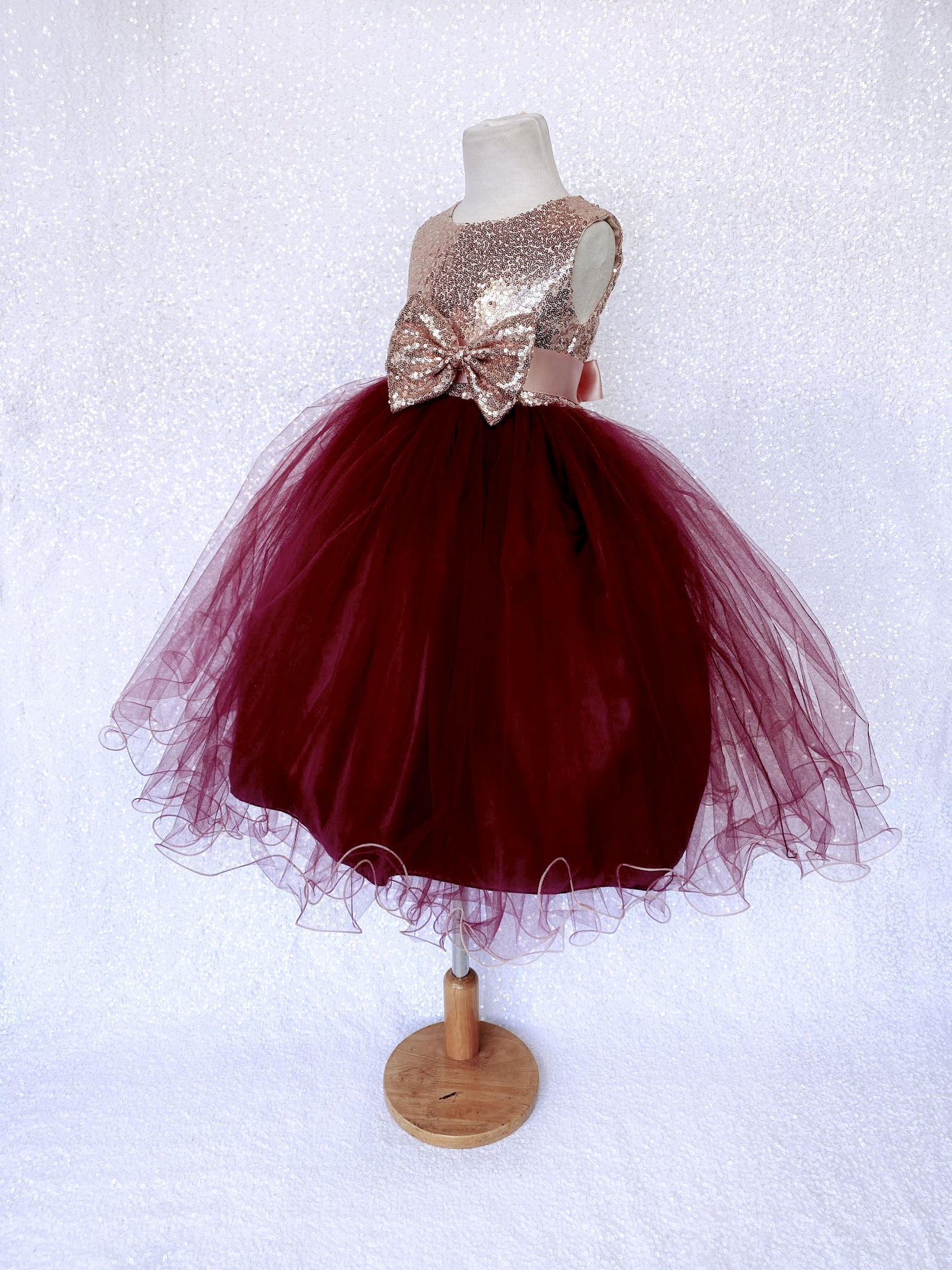 Burgundy Tulle 2 Layer Sleeveless Rose Gold Mini Sequin Bow Dress