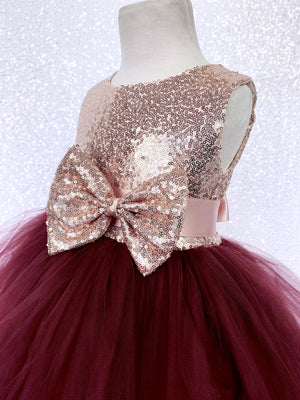 Burgundy Tulle 2 Layer Sleeveless Rose Gold Mini Sequin Bow Dress