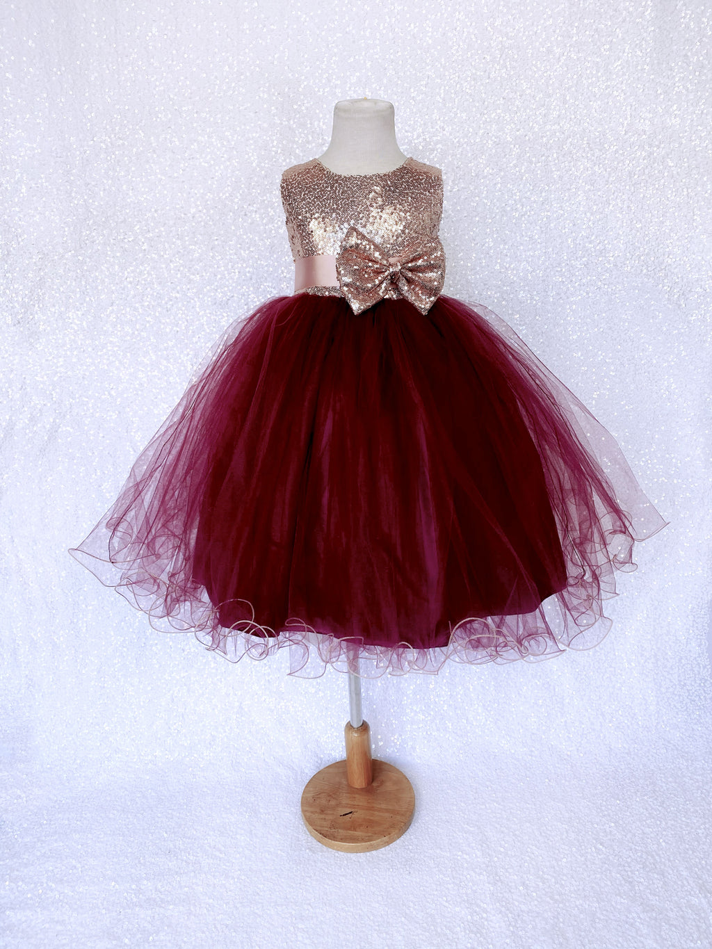 Burgundy Tulle 2 Layer Sleeveless Rose Gold Mini Sequin Bow Dress