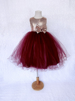 Blush Sleeveless Rose Gold Mini Sequence Burgundy Bow 2 Layer Tulle Dress