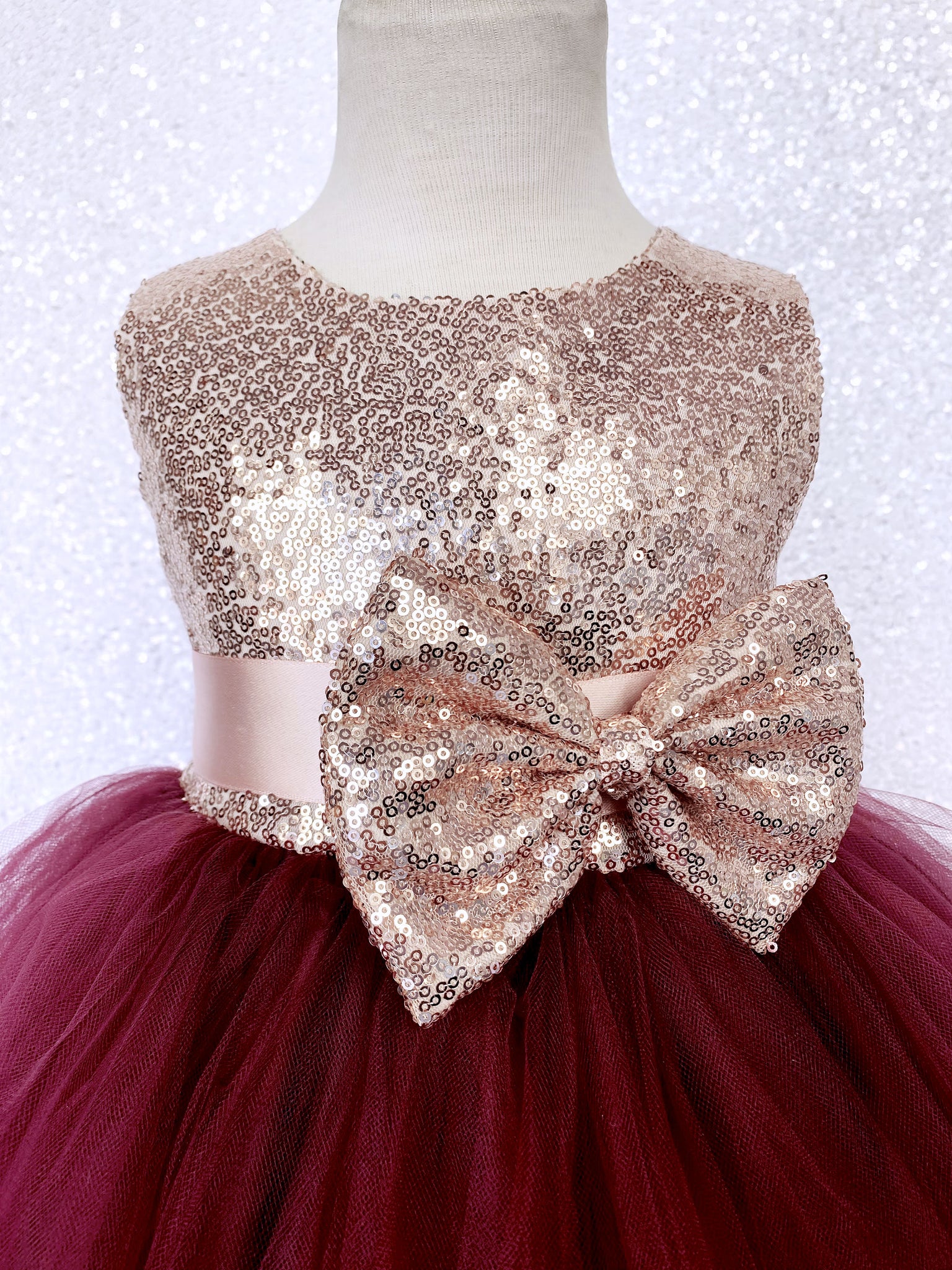 Burgundy Tulle 2 Layer Sleeveless Rose Gold Mini Sequin Bow Dress