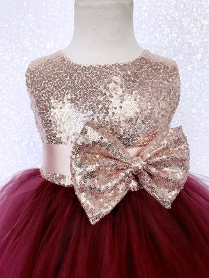 Blush Sleeveless Rose Gold Mini Sequence Burgundy Bow 2 Layer Tulle Dress