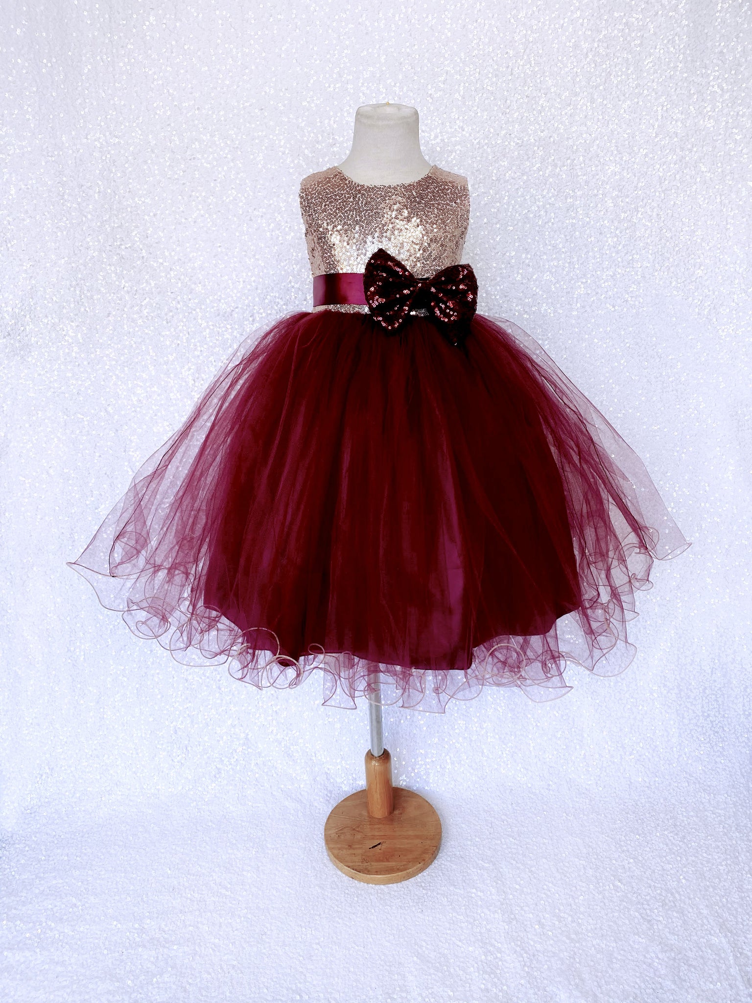 Blush Sleeveless Rose Gold Mini Sequence Burgundy Bow 2 Layer Tulle Dress