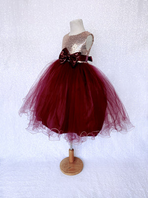 Burgundy Tulle 2 Layer Sleeveless Rose Gold Mini Sequin Bow Dress