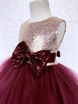 Burgundy Tulle 2 Layer Sleeveless Rose Gold Mini Sequin Bow Dress