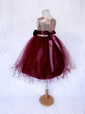 Blush Sleeveless Rose Gold Mini Sequence Burgundy Bow 2 Layer Tulle Dress