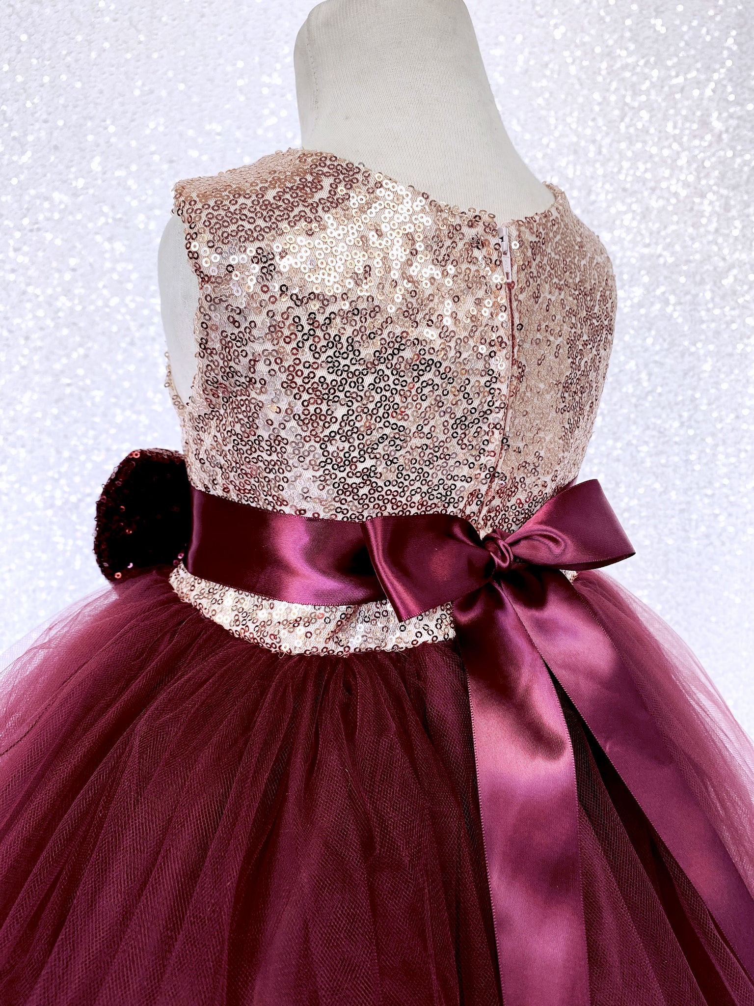 Burgundy Tulle 2 Layer Sleeveless Rose Gold Mini Sequin Bow Dress