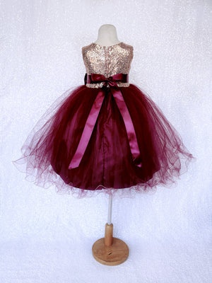 Burgundy Tulle 2 Layer Sleeveless Rose Gold Mini Sequin Bow Dress