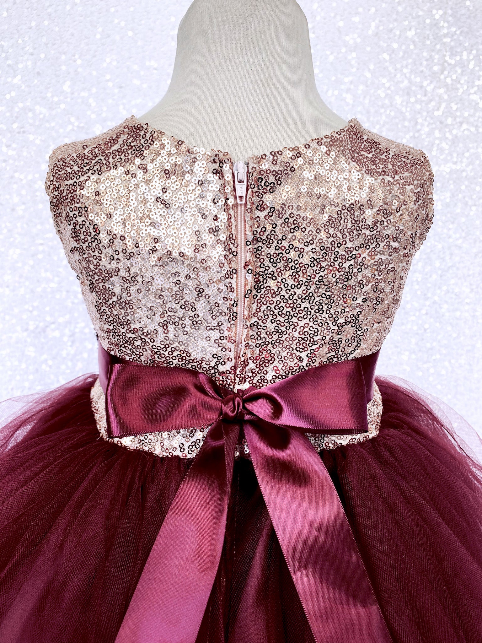 Burgundy Tulle 2 Layer Sleeveless Rose Gold Mini Sequin Bow Dress