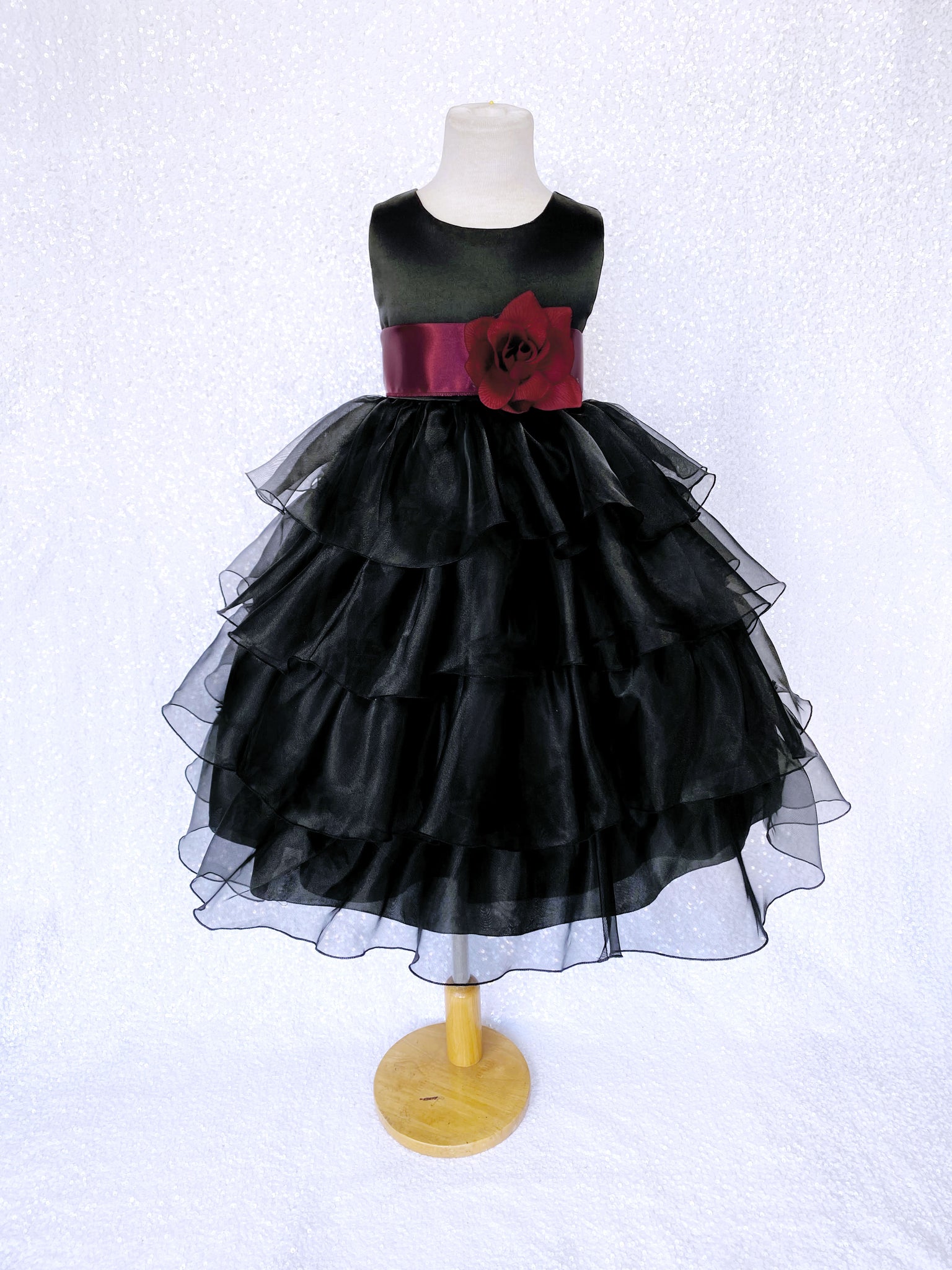 Black Sleeveless Satin Organza Ruffle Dress