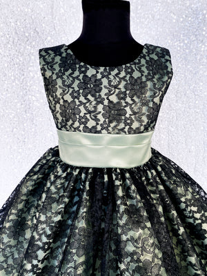 V-Back Sage Green Sleeveless Black Floral Lace Dress