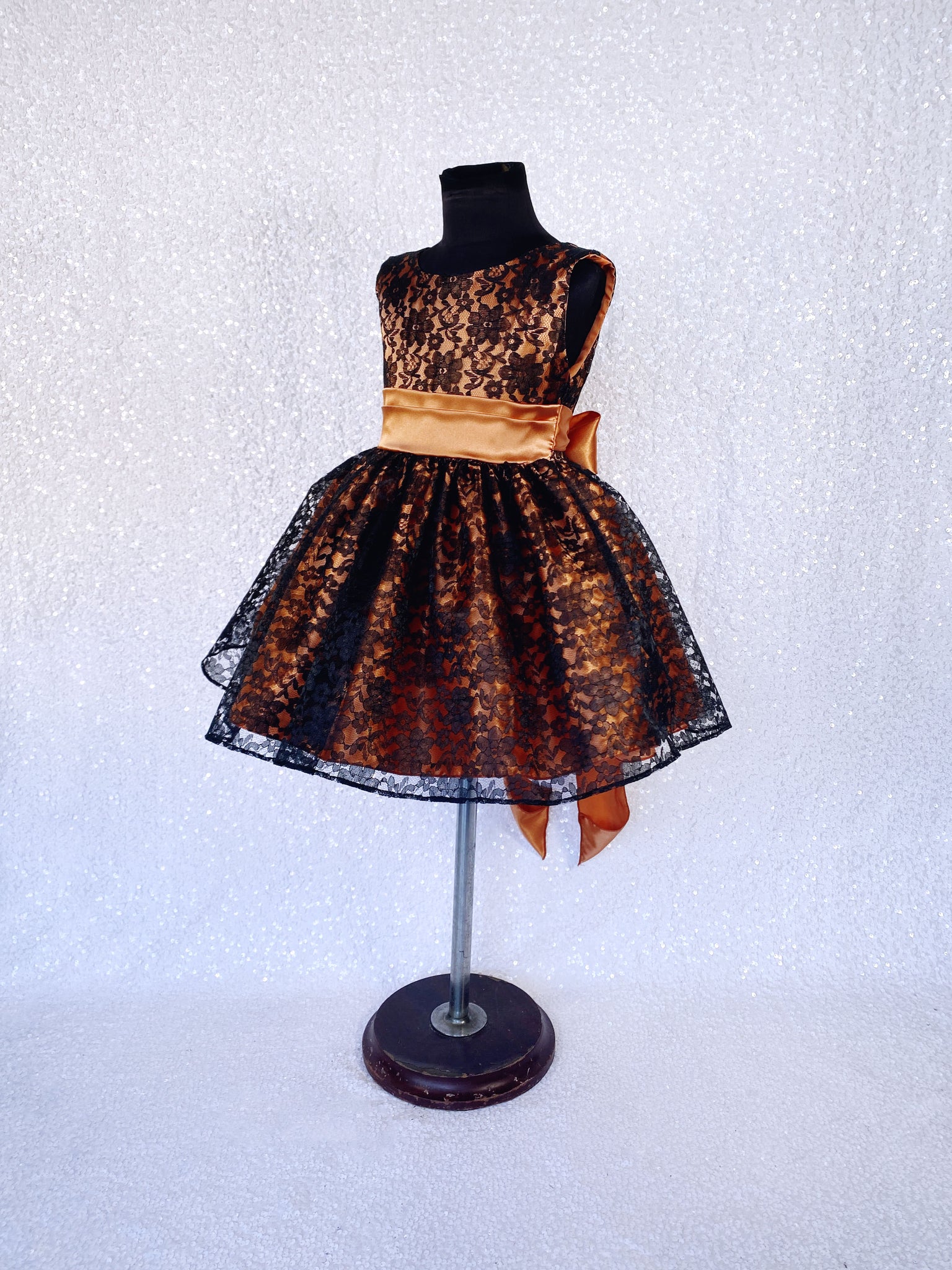 Rust Orange V-Back Black Floral Lace Knee Length Dress