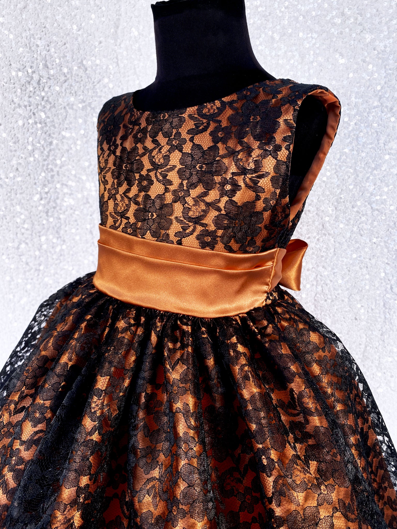 Rust Orange V-Back Black Floral Lace Knee Length Dress