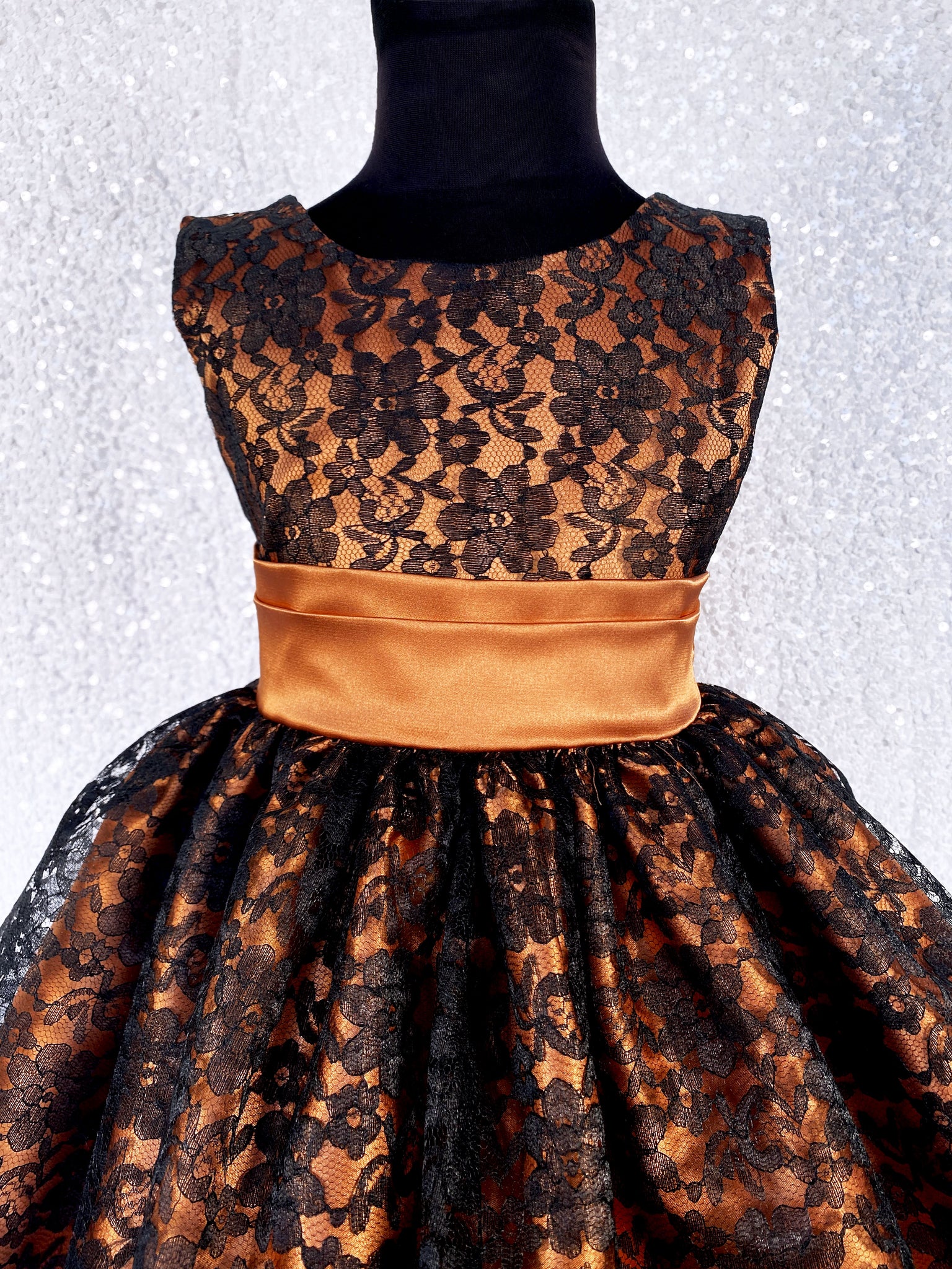 Rust Orange V-Back Black Floral Lace Knee Length Dress