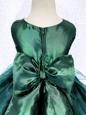 Hunter Green Sleeveless Satin Organza Ruffle Dress