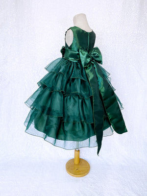 Hunter Green Sleeveless Satin Organza Ruffle Dress