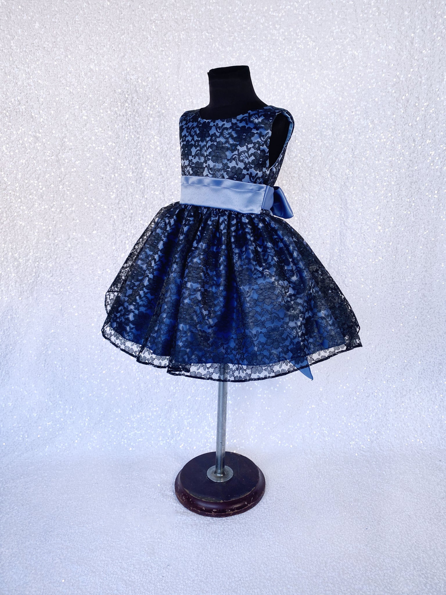 Steel Blue Sleeveless Black Floral Lace Knee Length Dress