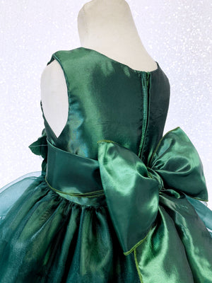 Hunter Green Sleeveless Satin Organza Ruffle Dress