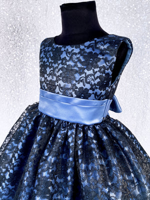 Steel Blue Sleeveless Black Floral Lace Knee Length Dress