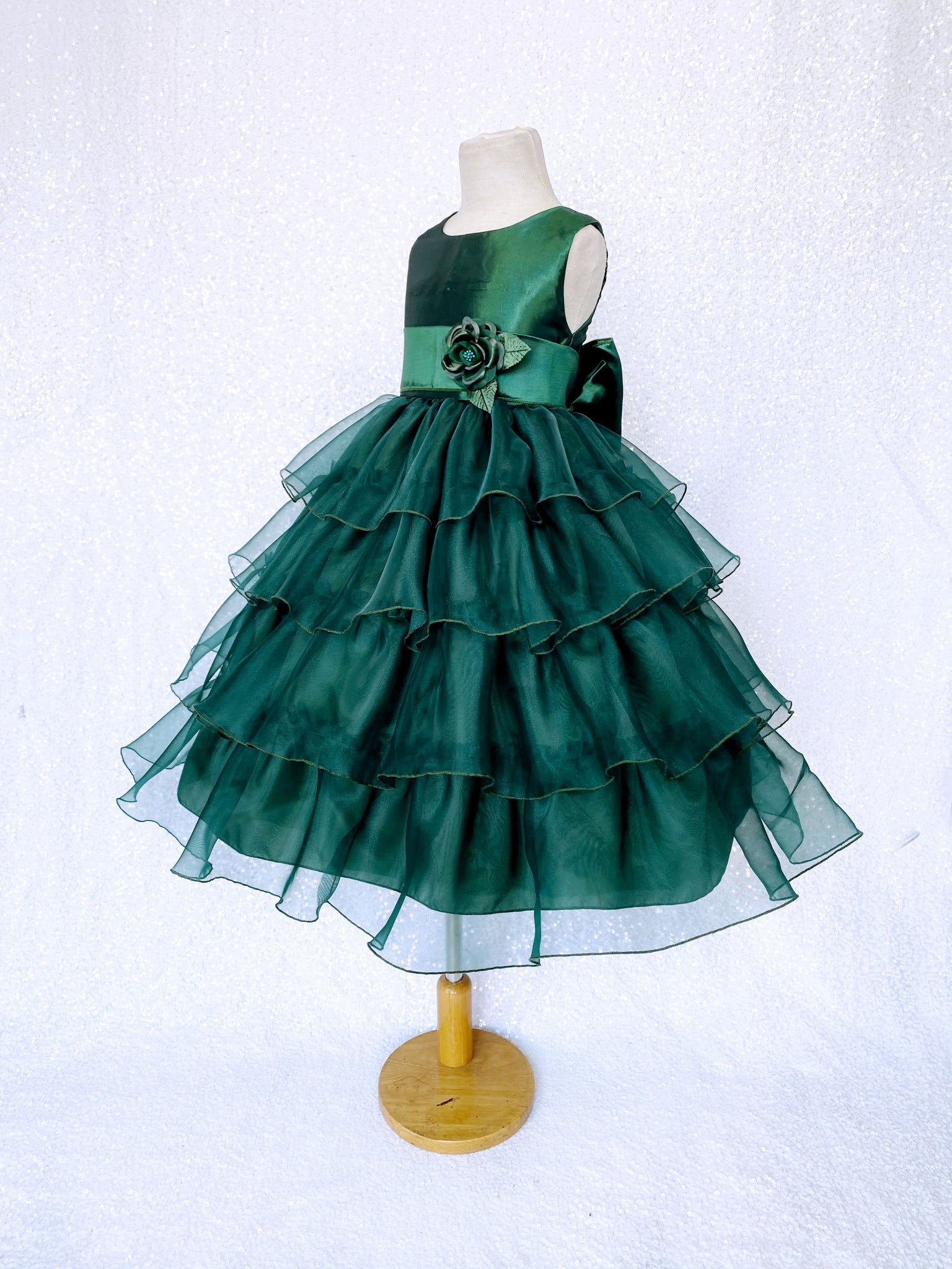 Hunter Green Sleeveless Satin Organza Ruffle Dress