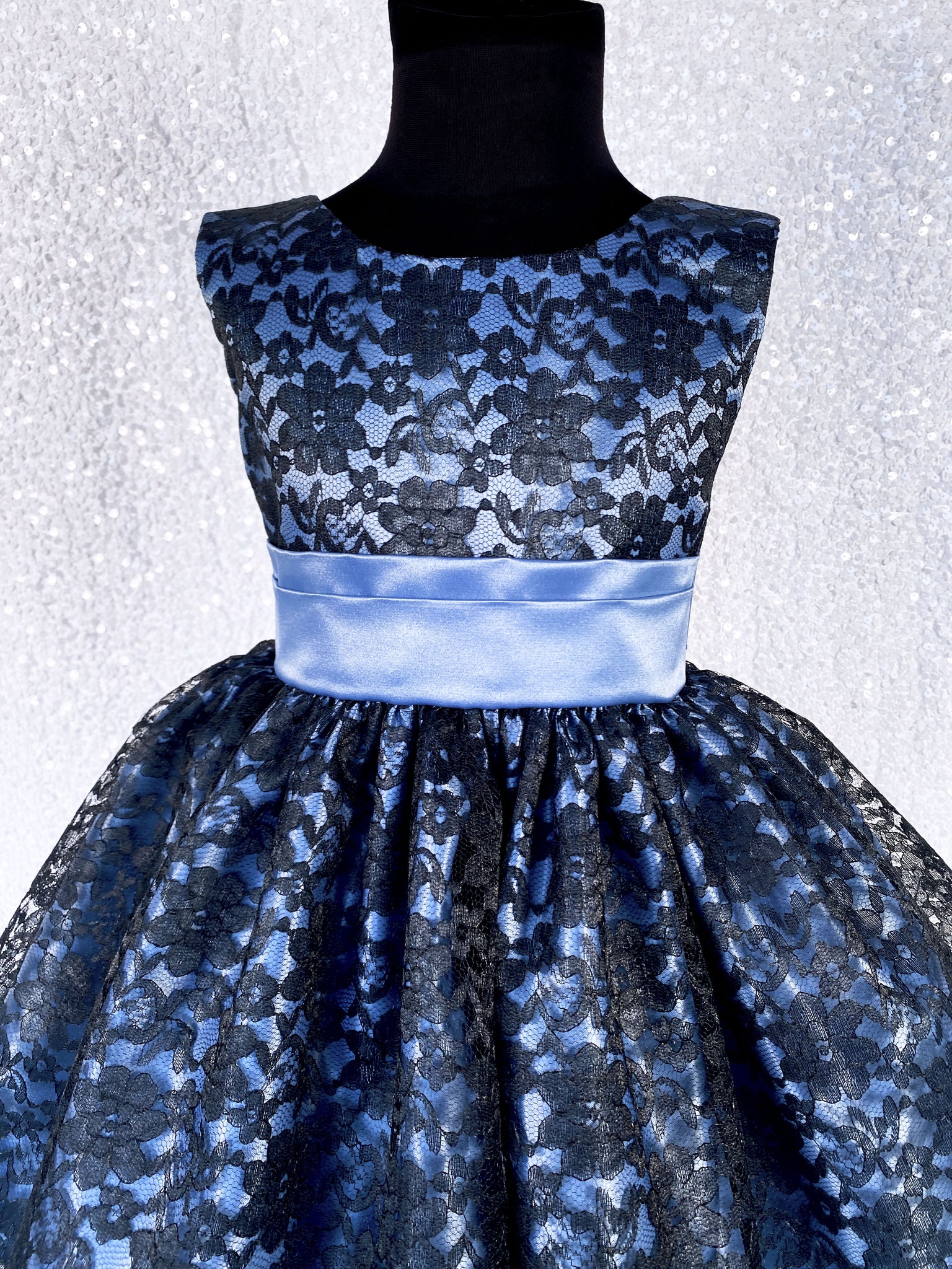 Steel Blue Sleeveless Black Floral Lace Knee Length Dress