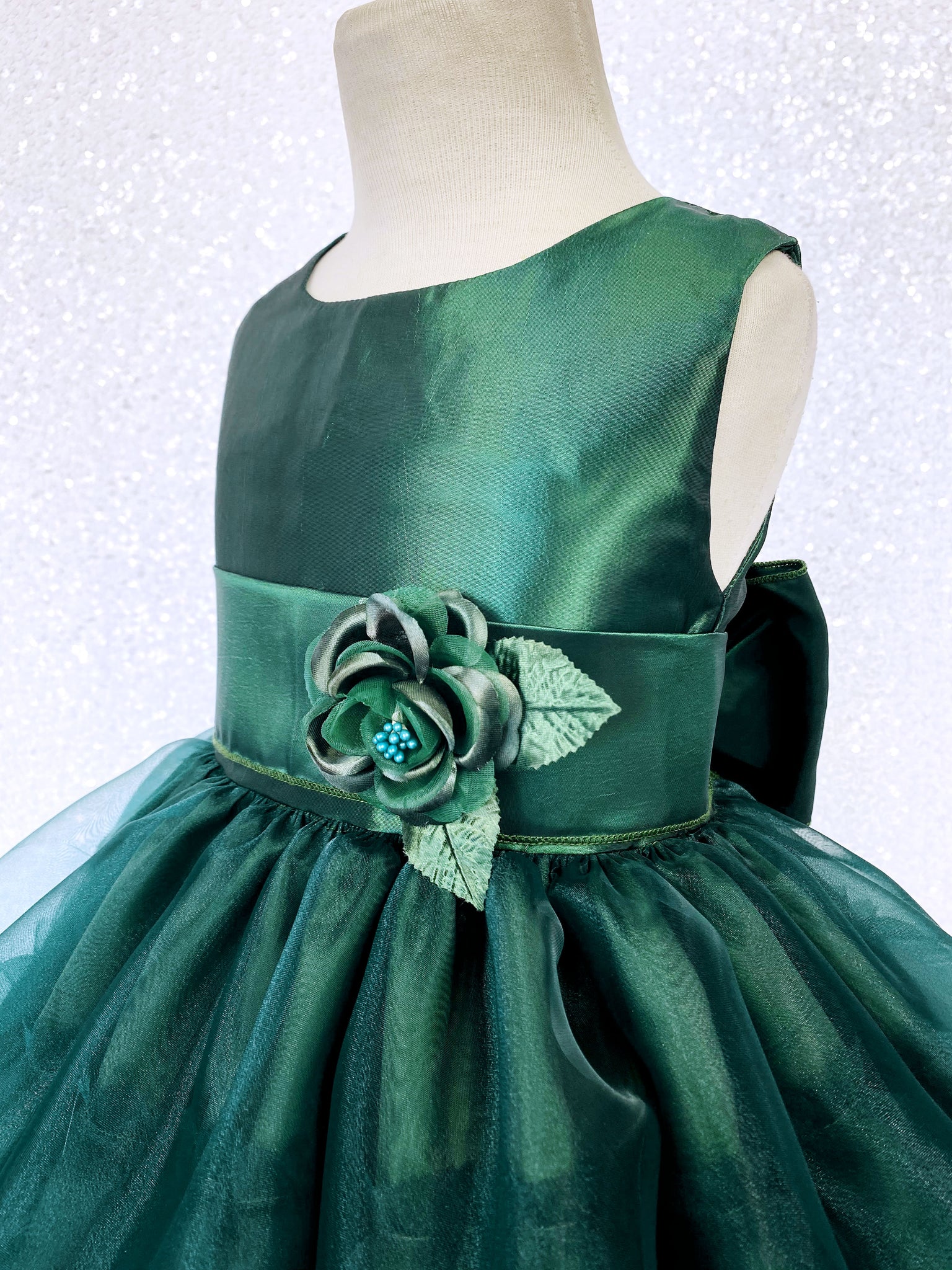 Hunter Green Sleeveless Satin Organza Ruffle Dress