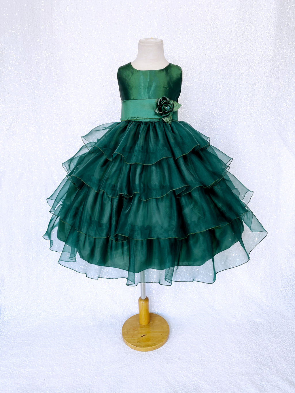 Hunter Green Sleeveless Satin Organza Ruffle Dress