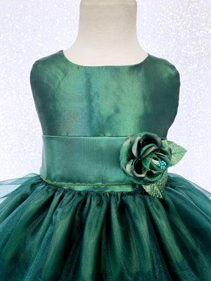 Hunter Green Sleeveless Satin Organza Ruffle Dress