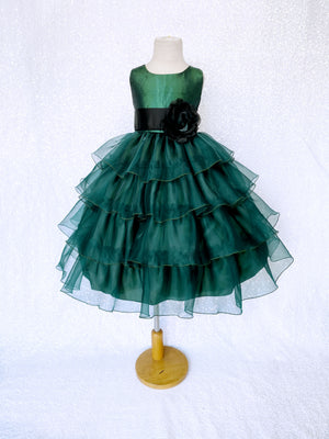 Hunter Green Sleeveless Satin Organza Ruffle Dress