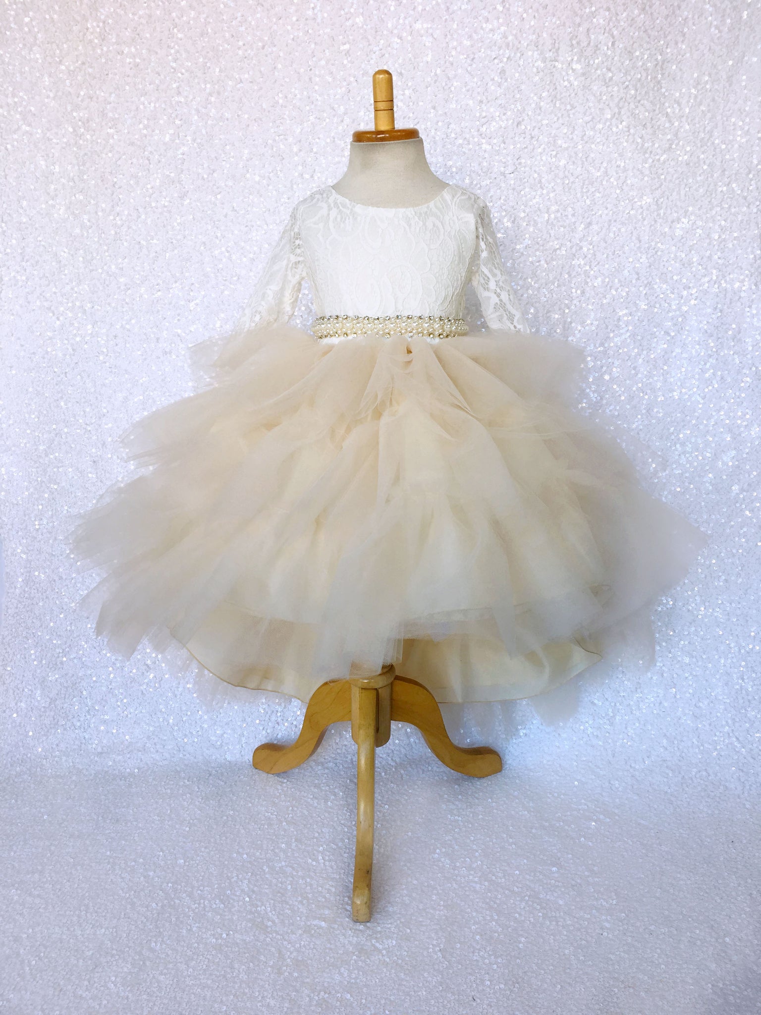 Champagne Tulle High Low Ivory Lace 3/4 Sleeves Dress