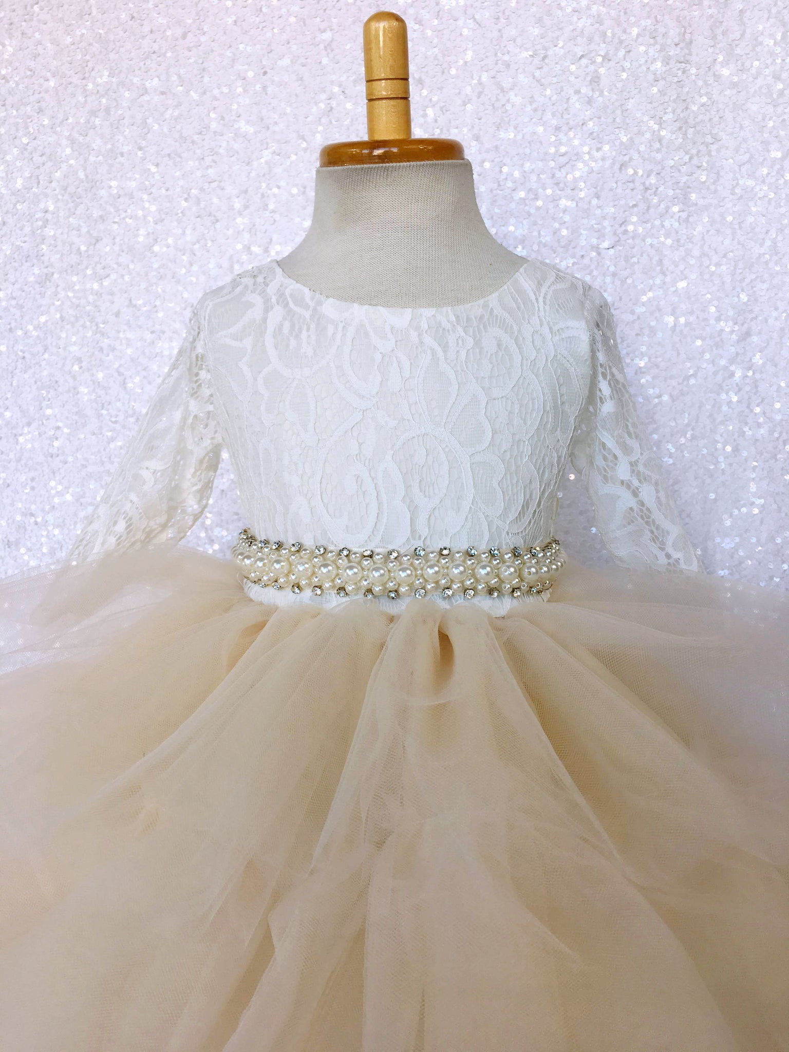 Champagne Tulle High Low Ivory Lace 3/4 Sleeves Dress