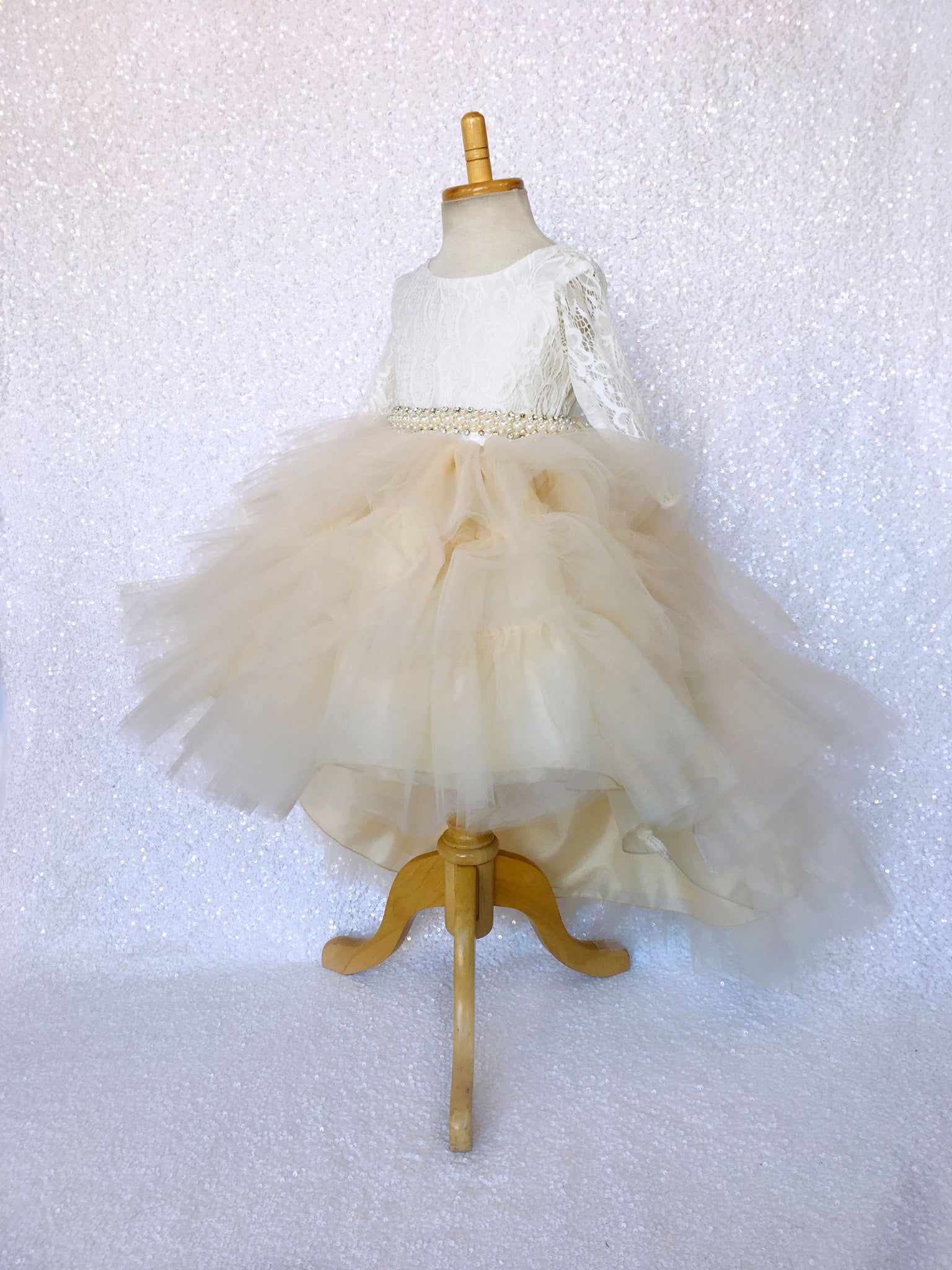 Champagne Tulle High Low Ivory Lace 3/4 Sleeves Dress